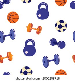 Seamless pattern with sports accessories. Dumbbells, kettlebells, barbells, balls for football and basketball. Fitness background. Sport games equipment. Vector flat illustration