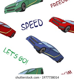 Seamless pattern with sports car, vector illustration on white background