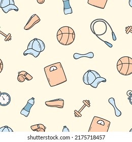 Seamless pattern sports doodle icon set concept. Design elements of a sports invert, a healthy lifestyle. Vector illustration