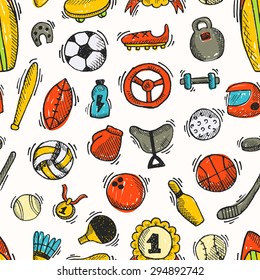 Seamless pattern with sports element. Vector illustration. Tennis, surfing, fitness, boxing, bowling, baseball, hockey, golf, football, basketball, volleyball, soccer, ping pong, rugby and other.