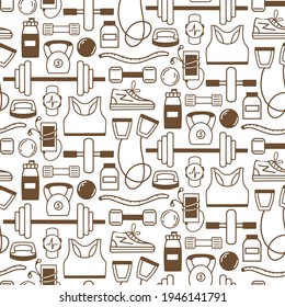 Seamless Pattern With Sports Equipment. Activity And Healthy Lifestyle. Fitness, Gym, Bodybuilding, Workout Concept. Design For Print, Packaging, Wallpaper, Textil. Flat Vector Illustration.