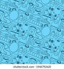 Seamless pattern with sports equipment. Activity and healthy lifestyle. Fitness, gym, bodybuilding, workout concept. Design for print, packaging, wallpaper, textil. Flat vector illustration.