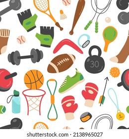 Seamless pattern with sports equipment. Boxing, ball, football, volleyball, tennis, racket, dumbbells, kettlebell, water bottle. Vector background for printing on textiles, fabrics, packaging.