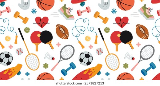 Seamless pattern with Sports equipment. Cardio, running and strength training. Jump rope, sneaker, dumbbell, balls, rackets and skateboard. Trendy modern vector illustration on white background, flat