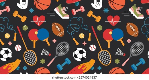 Seamless pattern with Sports equipment. Cardio, running and strength training. Jump rope, sneaker, dumbbell, balls, rackets and skateboard. Trendy modern vector illustration on black background, flat