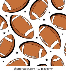 Seamless pattern with sports equipment. Colorful overlapping background vector. Illustration with balls for american football, stars. Collection of brown balls. Decorative wallpaper, good for printing