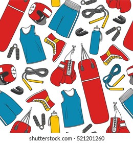 Seamless pattern with sports equipment. Colorful backdrop with sketch objects and hand drawn icon. Background design, activity accessories. Decorative wallpaper, good for printing