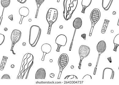 Seamless pattern of sports equipment in doodle style. Tennis racket, padel, badminton racket, table tennis, tennis ball, beach tennis racket. Great for banners, design elements. Hand drawn