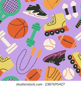 Seamless pattern with sports equipment in flat style. Jump rope, sneakers, ball, dumbbells and more. Vector illustration.