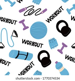 Seamless pattern with sports equipment and lettering. Workout concept. Dumbbell, kettlebell, jump rope, chest expander, mat, fitness ball, ankle weights. Vector illustration on white background.