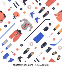 Seamless pattern with sports equipment. Texture inspired ice hockey winter game. 