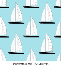 Seamless pattern with sports sailboat on blue background. Yacht backgdrop. Print for wallpaper for children room.