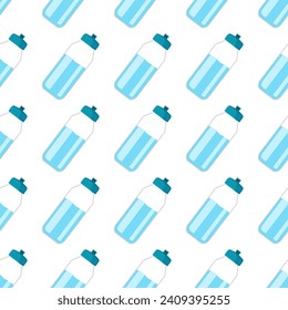Seamless pattern with Sports water bottle. Pure drinking water in bottle. Drink containers. Bottle of water icon. Repeated Flat vector illustration for wallpaper, textile, wrapping, scrapbooking