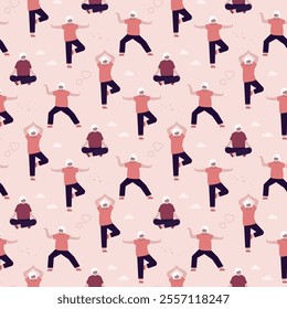 Seamless pattern with sporty granny does Yoga poses. Texture background with old person. Senior woman in pose yoga. Grandma. Multiethnic grandmother characters. Wallpaper template. Vector illustration