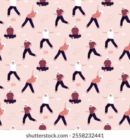 Seamless pattern with sporty granny does Yoga poses. Texture background with old person. Senior woman in pose yoga. Grandma. Multiethnic grandmother characters. Wallpaper template. Vector illustration