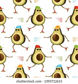 Seamless pattern with sporty roller skating avocados isolated on white. Vector illustration