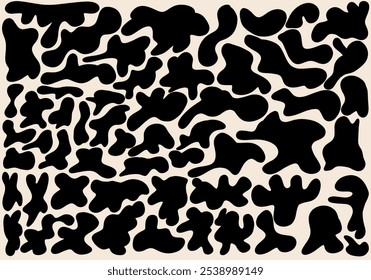 Patrón sin fisuras de manchas de vaca para la tela. Fondo de Vector blanco y negro. patrón sin fisuras con Elementos abstractos. Diseño lindo para la materia textil, Fondo de pantalla, papel de embalaje. Patrón manchado negro. Vector 