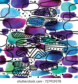 Seamless pattern with spots of paint. Fresh, summer pattern. Drawing by hand. Stylish background. Blue, indigo, mint, ultramarine, watercolor.
