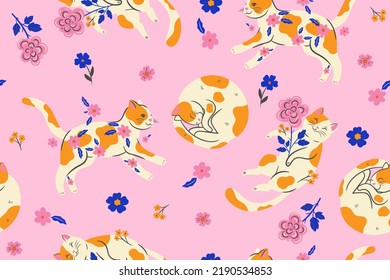 Seamless pattern with spotted cats and flowers. Vector graphics.