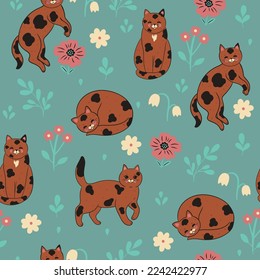 Seamless pattern with spotted cats and flowers. Vector graphics.