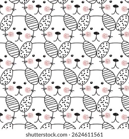 Seamless pattern with spotted dogs outline. Line art dogs collection on white. Cute animals. Kids style doggy characters faces. Doodle lovely pets backdrop. Childish apparel design
