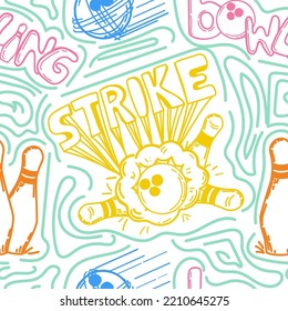 A seamless pattern of spotted, hand-drawn doodle-style elements. Bowling ball, pins. Handwritten "strike" lettering. Ball smashes pins. Flying ball at target.  Pins. Sport. Game. Hit, win. 