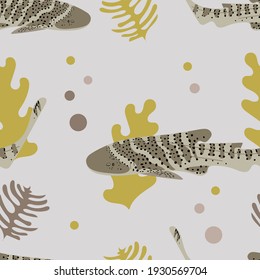 Seamless pattern with spotted zebra sharks and algae. Marine composition for fashion prints, fabrics, textiles, paper, decorative pillows. Vector graphics.