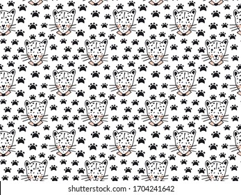 Seamless pattern of spotty portraits of cute leopards with pink cheeks and collars of shirts and footprints. Funny Scandinavian-style children's hand-made drawings for kids clothes, wallpaper. Vector