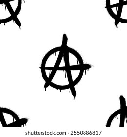 Seamless pattern of sprayed anarchy symbol with overspray in black over white. Vector illustration template