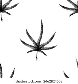 Seamless pattern of sprayed cannabis leaf with overspray in black over white. Vector illustration