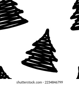 Seamless pattern of sprayed christmas tree with overspray in black over white. Vector illustration template