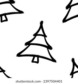 Seamless pattern of sprayed christmas tree with overspray in black over white. Vector illustration template