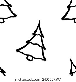 Seamless pattern of sprayed christmas tree with overspray in black over white. Vector illustration template