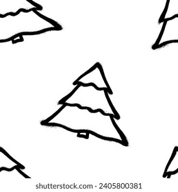 Seamless pattern of sprayed christmas tree with overspray in black over white. Vector illustration template