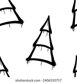 Seamless pattern of sprayed christmas tree with overspray in black over white. Vector illustration template