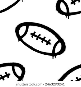 Seamless pattern of sprayed football icon with overspray in black over white. Vector illustration