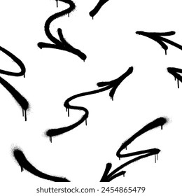 Seamless pattern of sprayed graffiti arrows with overspray in black over white. Vector illustration template