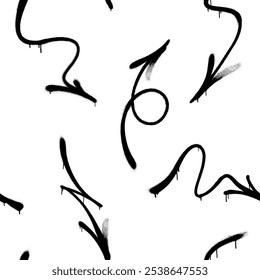 Padrão contínuo de setas de grafite pulverizadas com overspray em preto sobre branco. Modelo de ilustração vetorial