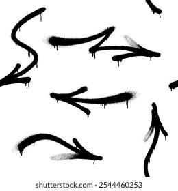 Seamless pattern of sprayed graffiti arrows with overspray in black over white. Vector illustration template