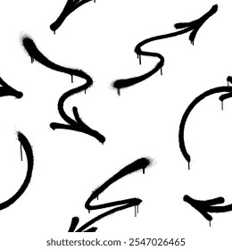 Seamless pattern of sprayed graffiti arrows with overspray in black over white. Vector illustration template