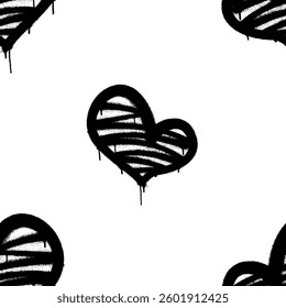 Seamless pattern of sprayed heart with overspray in black over white. Vector illustration EPS 10