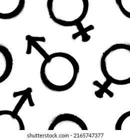 Patrón transparente de logotipo masculino y femenino rociado en blanco y negro. Símbolos de hombre y mujer. Símbolos de género. Plantilla de ilustración de vector