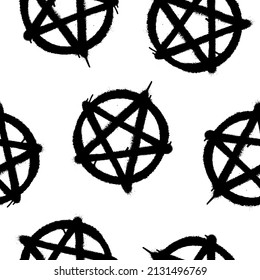 Seamless pattern of sprayed pentagram symbol. Vector illustration with overspray in black over white.