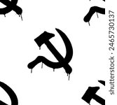 Seamless pattern of sprayed symbol of USSR communism icon with hammer and sickle with overspray in black over white. Vector illustration