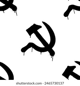 Seamless pattern of sprayed symbol of USSR communism icon with hammer and sickle with overspray in black over white. Vector illustration