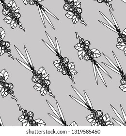 Seamless pattern with a sprig of berries and leaves, an illustration of a palm tree with the fruits of Acai. - Vector graphics