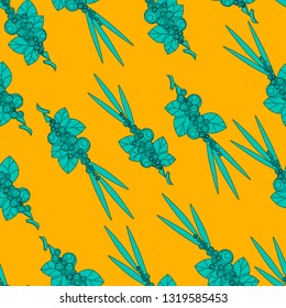 Seamless pattern with a sprig of berries and leaves, an illustration of a palm tree with the fruits of Acai. - Vector graphics
