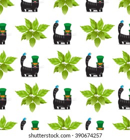 Seamless pattern with a sprig of hops and black cat with green hat.