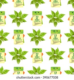 Seamless pattern with a sprig of hops and a calendar on 17 March.