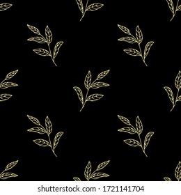 Seamless pattern with sprig with leaves in doodle style. Black background and branch in golden color. Outline. Hand drawn. Vector illustration